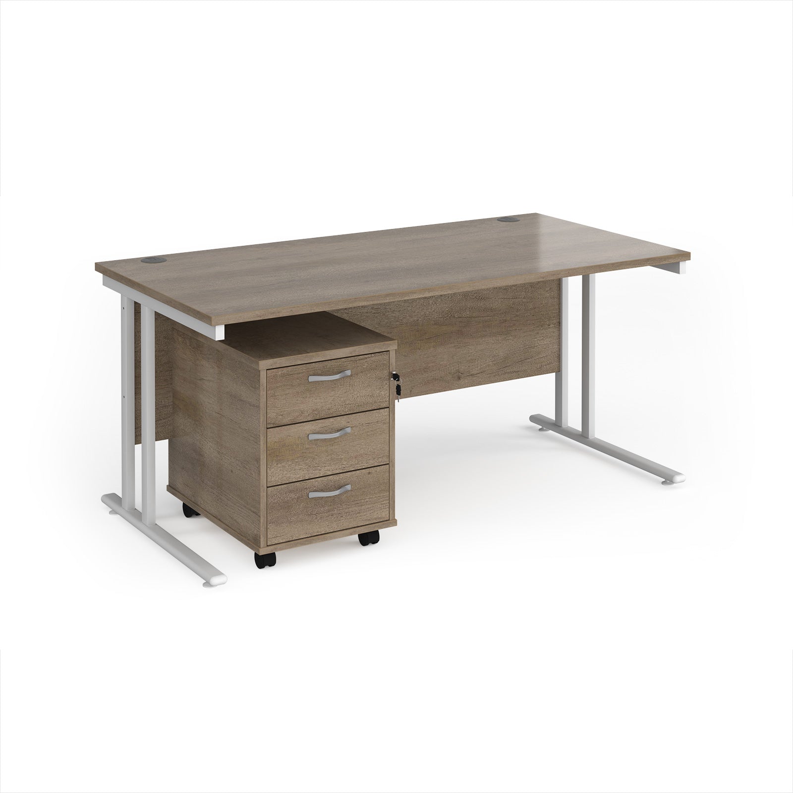 Wooden office desk with a metal frame on a white background