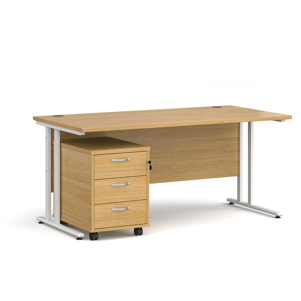 Wooden office desk with a white metal frame and a matching pedestal on a white background