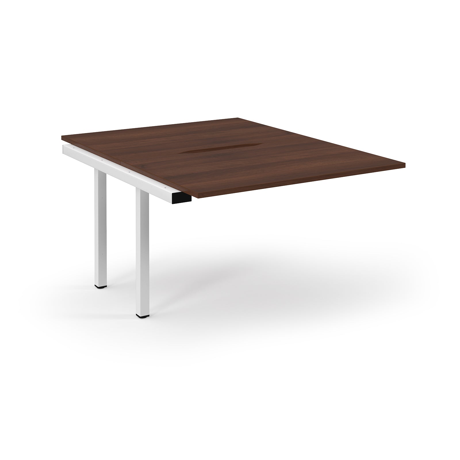 Square table with wooden top and white metal legs on a white background