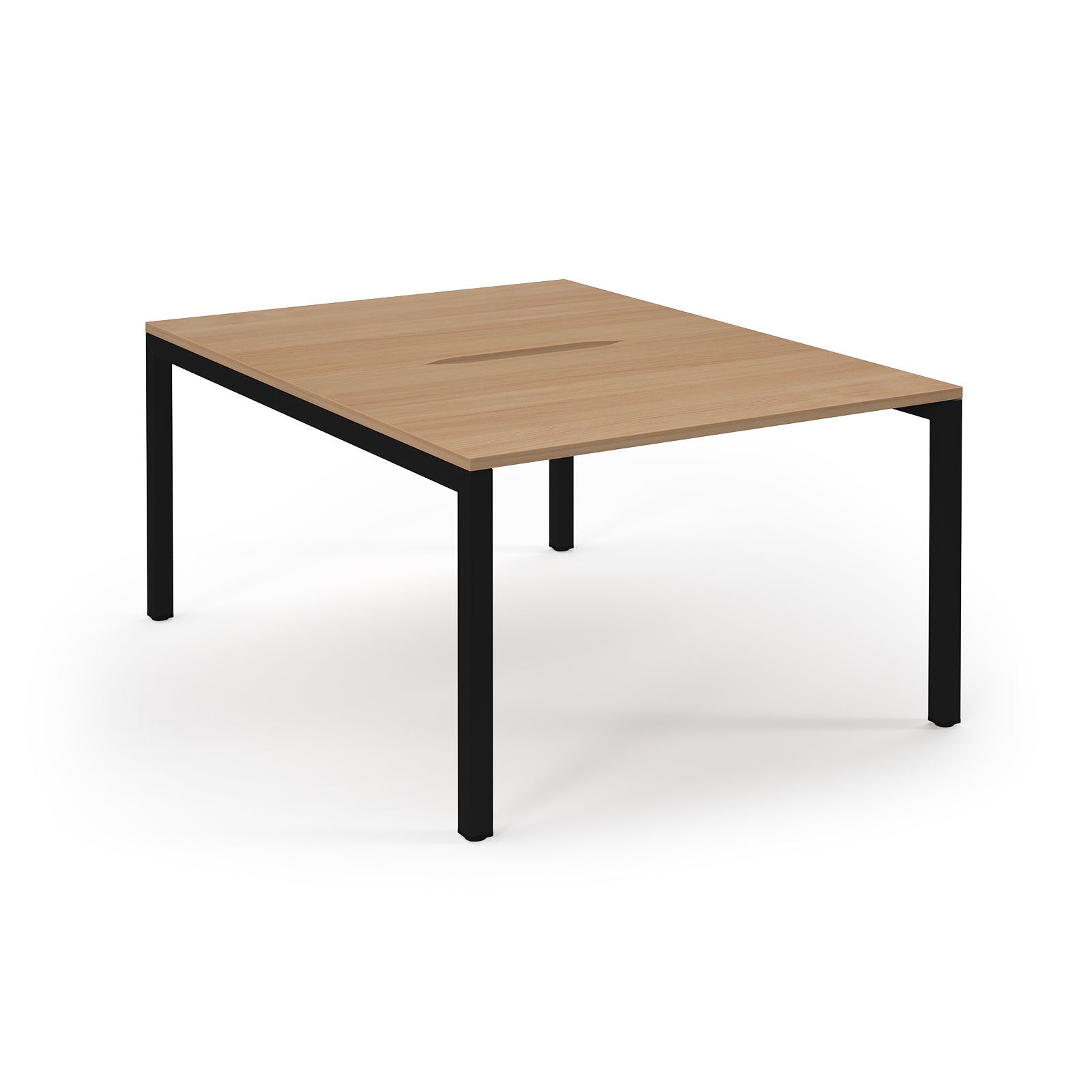 Square table with wooden top and black metal legs on a white background