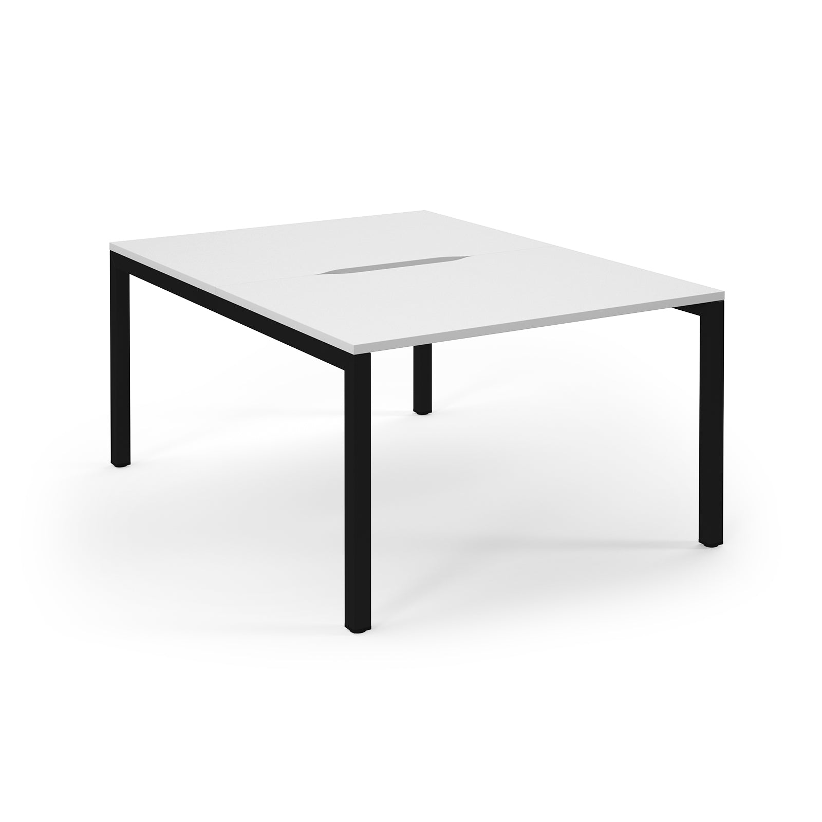 Square table with white top and black legs on a white background