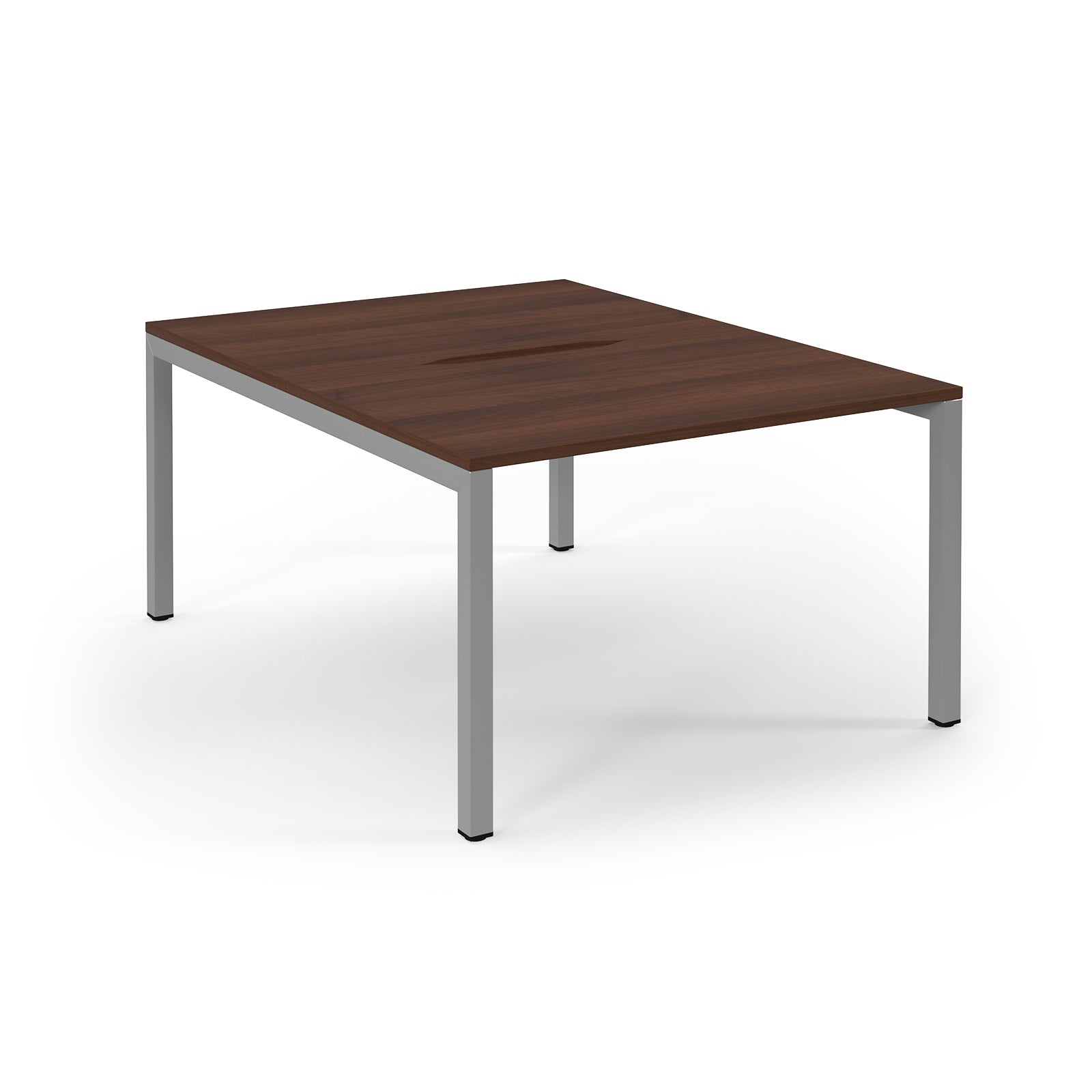 Square table with wooden top and metal legs on a white background