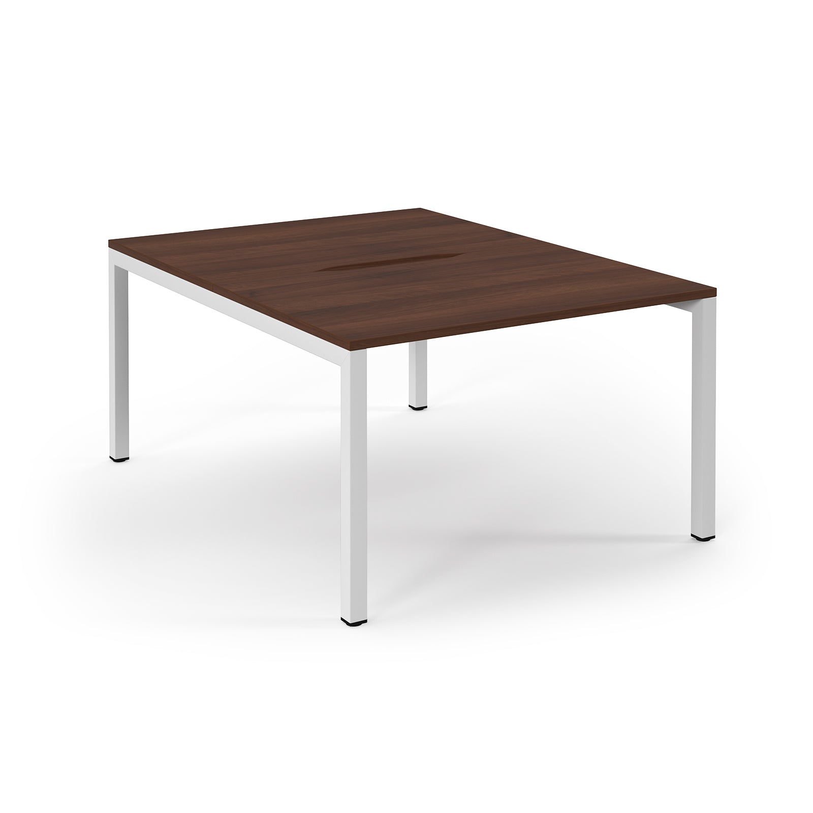 Rectangular table with a wooden top and white metal legs on a white background