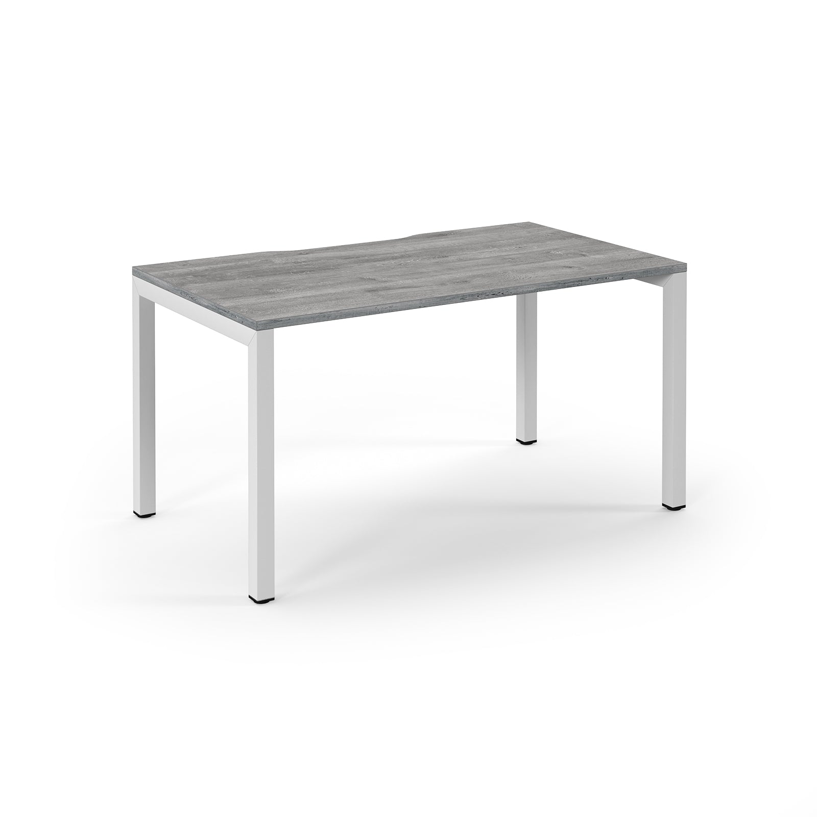 Rectangular table with grey top and white legs on a white background