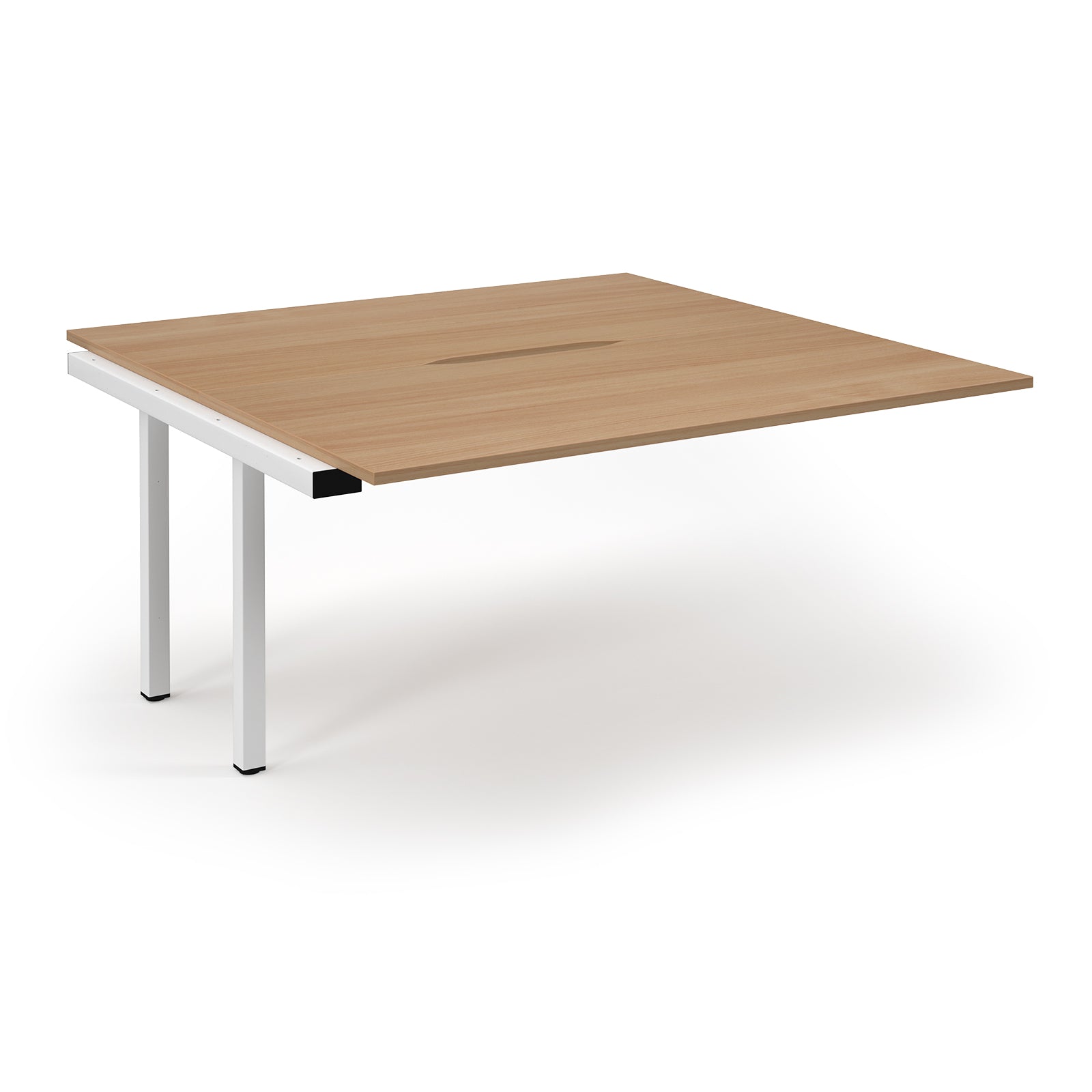 Square wooden table with white metal legs on a white background