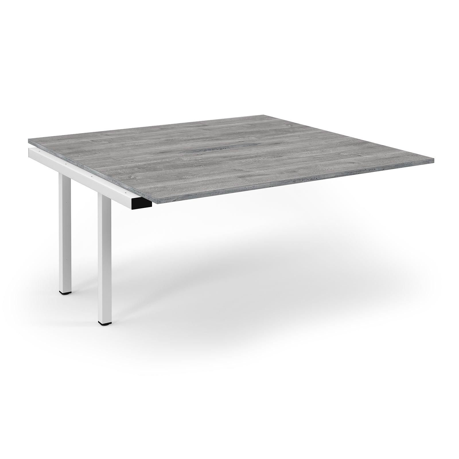 Square table with grey top and white legs on a white background