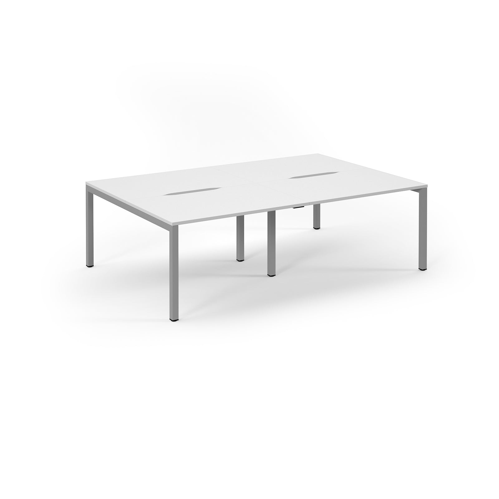 Rectangular white table with metal legs on a white background
