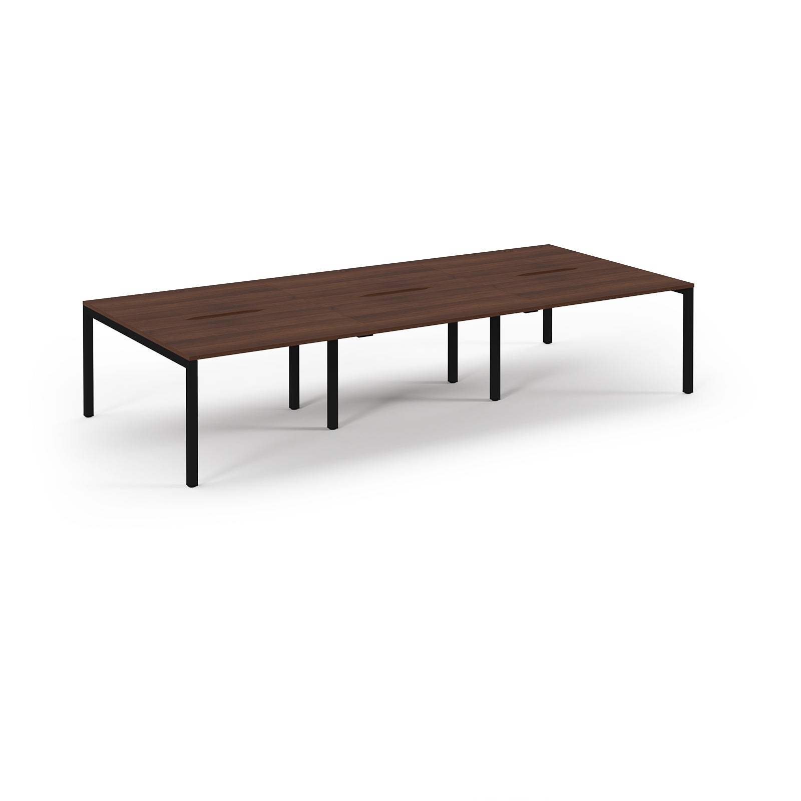 Wooden conference table with black legs on a white background