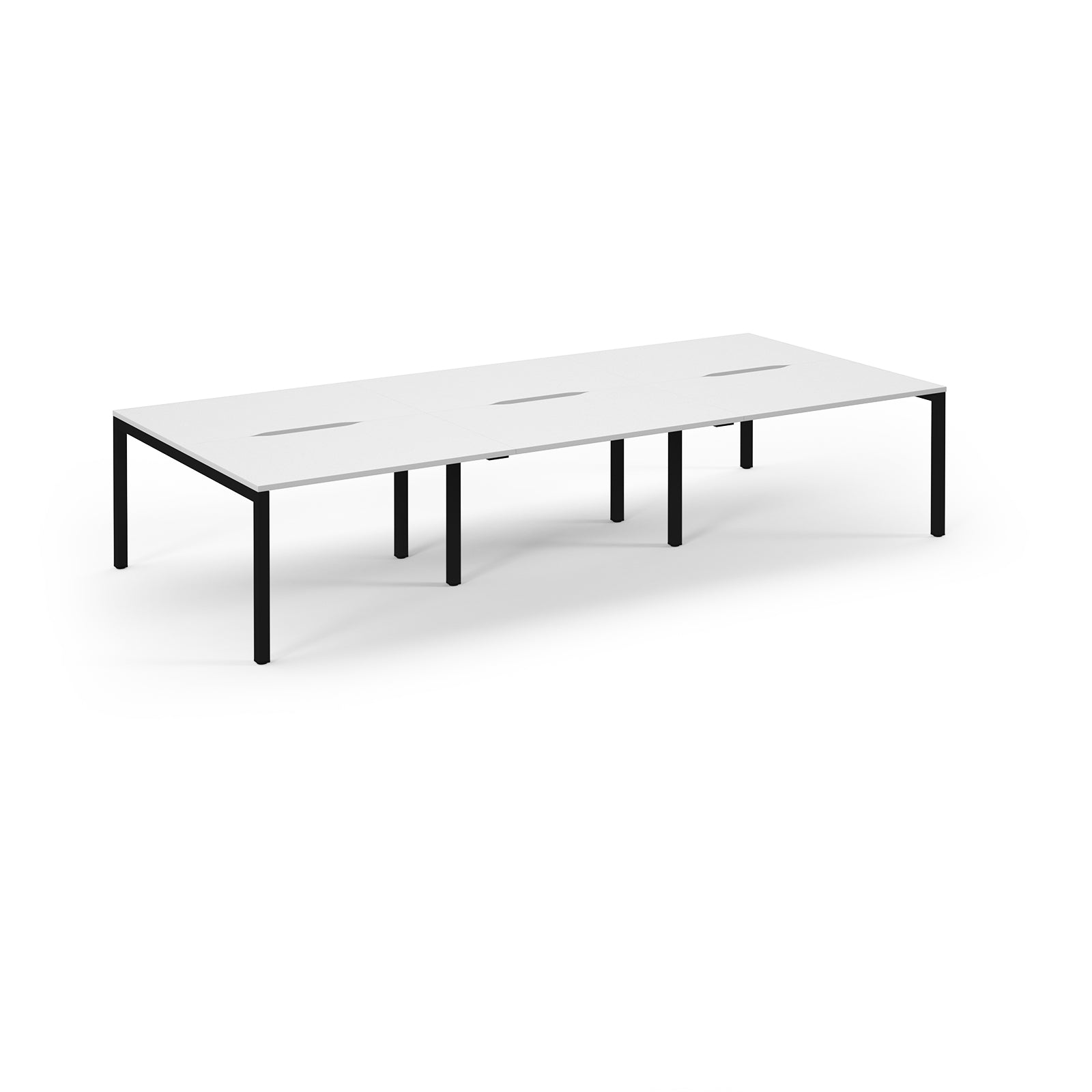 Long white table with black legs on a white background