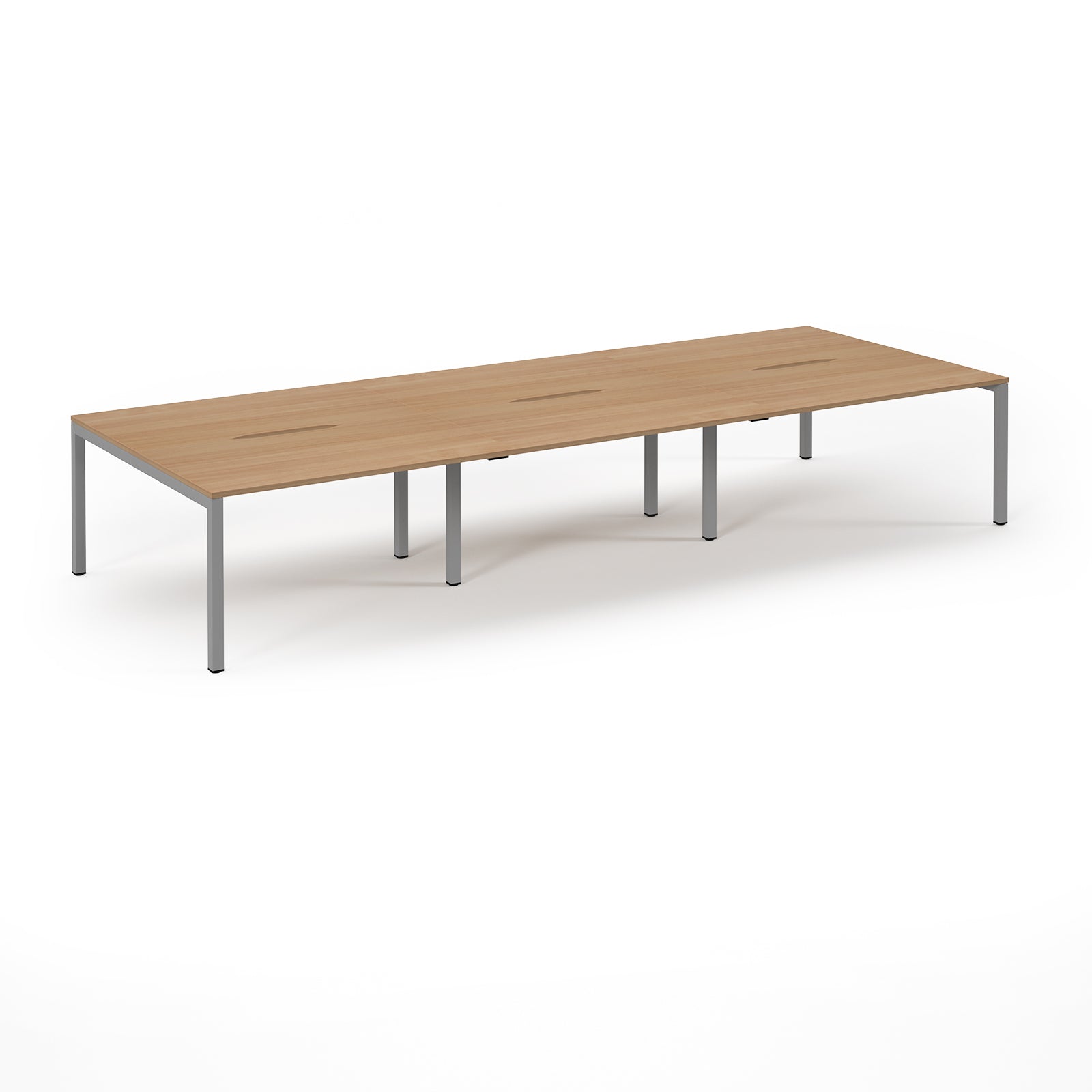 Long wooden table with metal legs on a white background