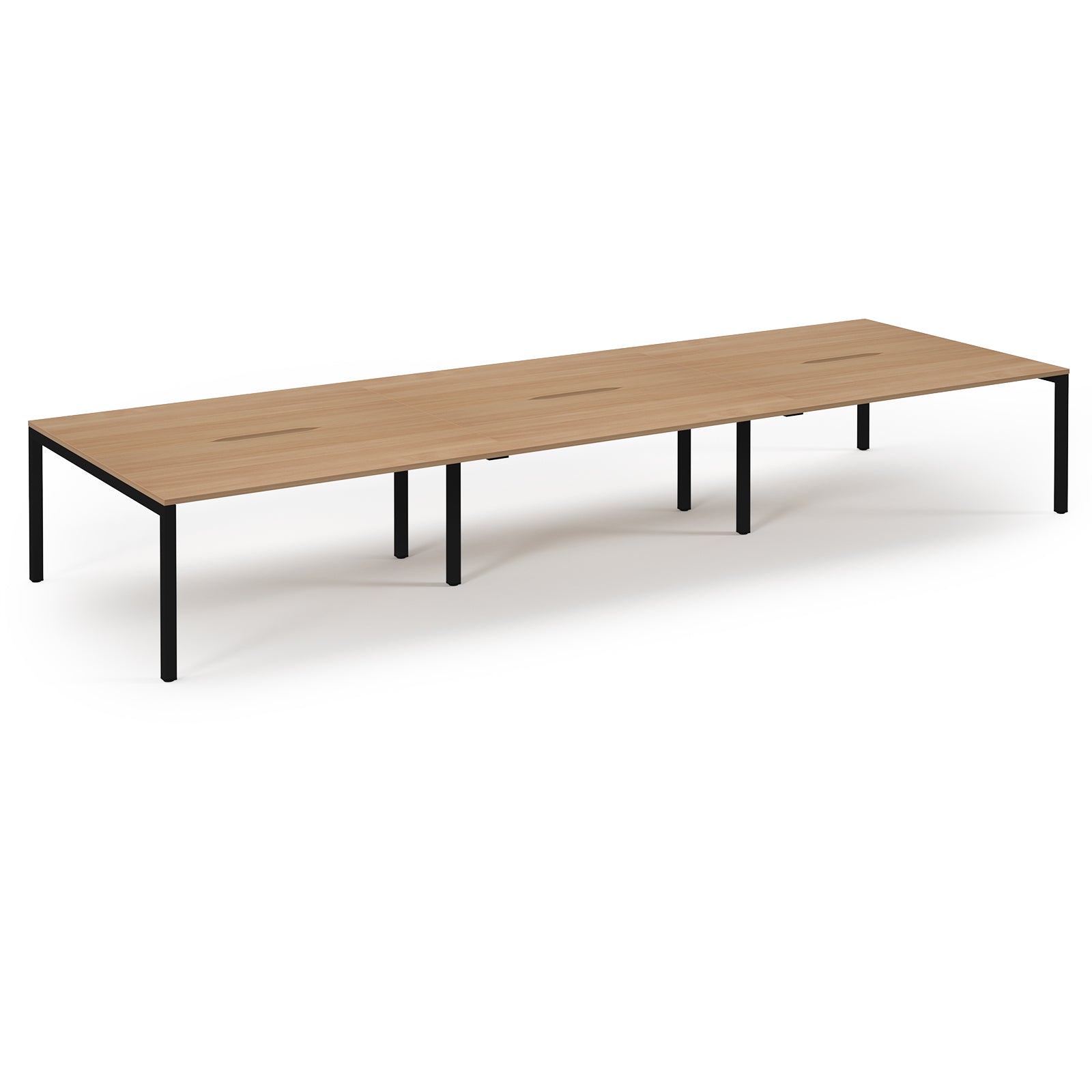 Long wooden table with black legs on a white background