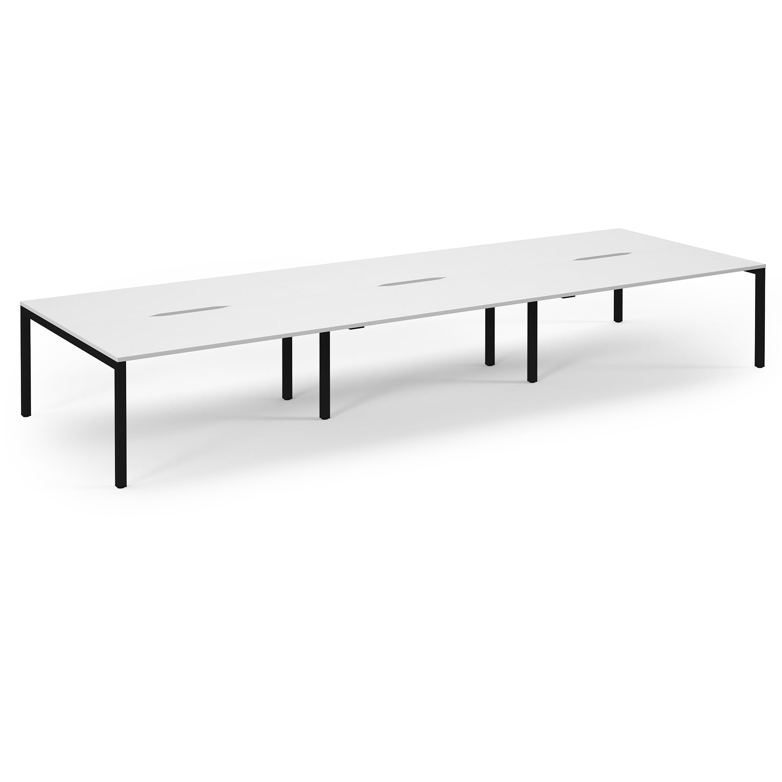 Long white table with black legs on a white background