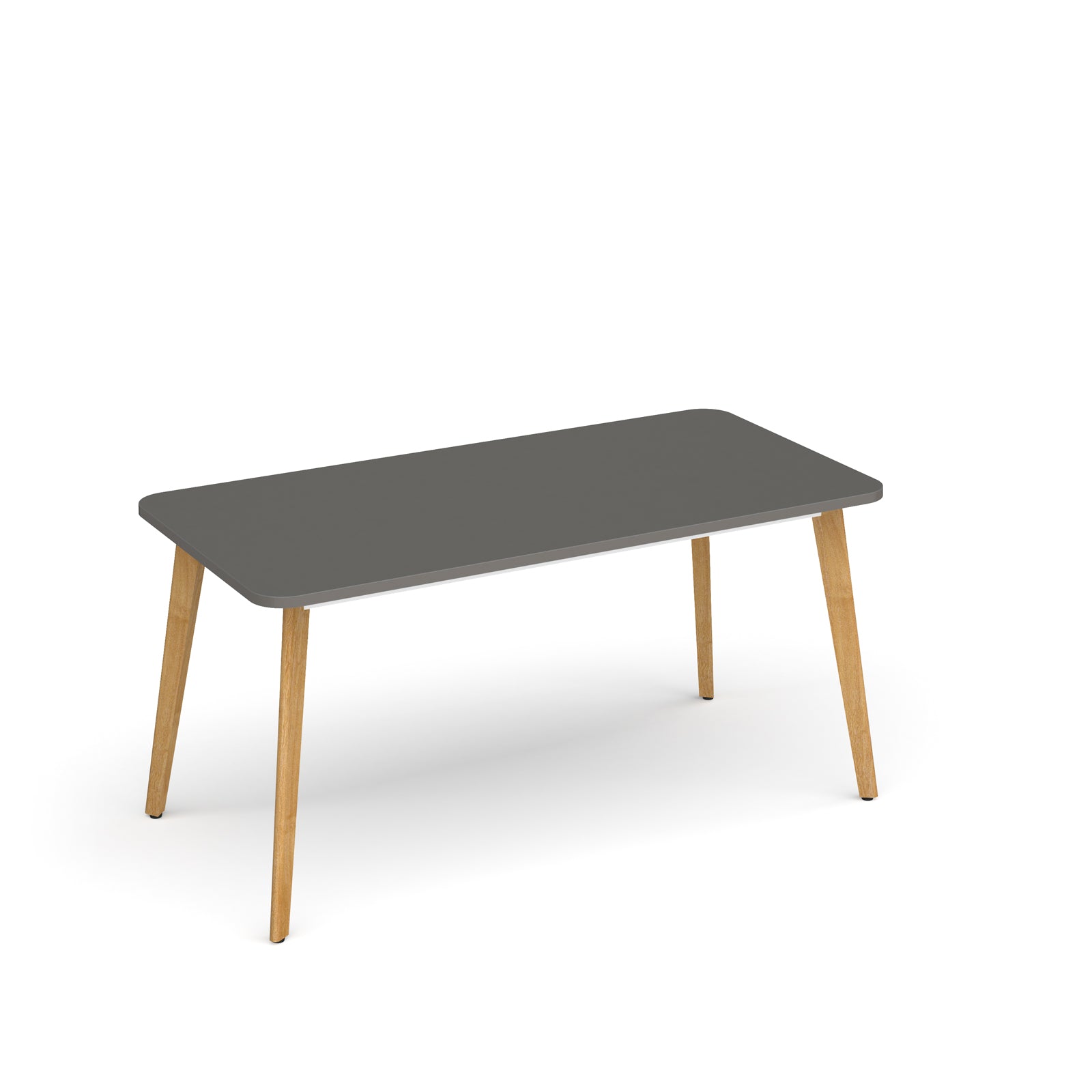 Rectangular table with a gray top and wooden legs on a white background
