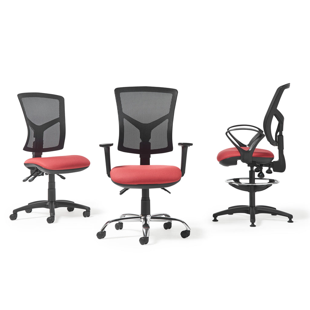 Three red office chairs with black mesh backs shown from front, rear, and side views, highlighting ergonomic design and adjustable features.
