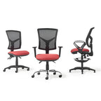 Three red office chairs with black mesh backs shown from front, rear, and side views, highlighting ergonomic design and adjustable features.
