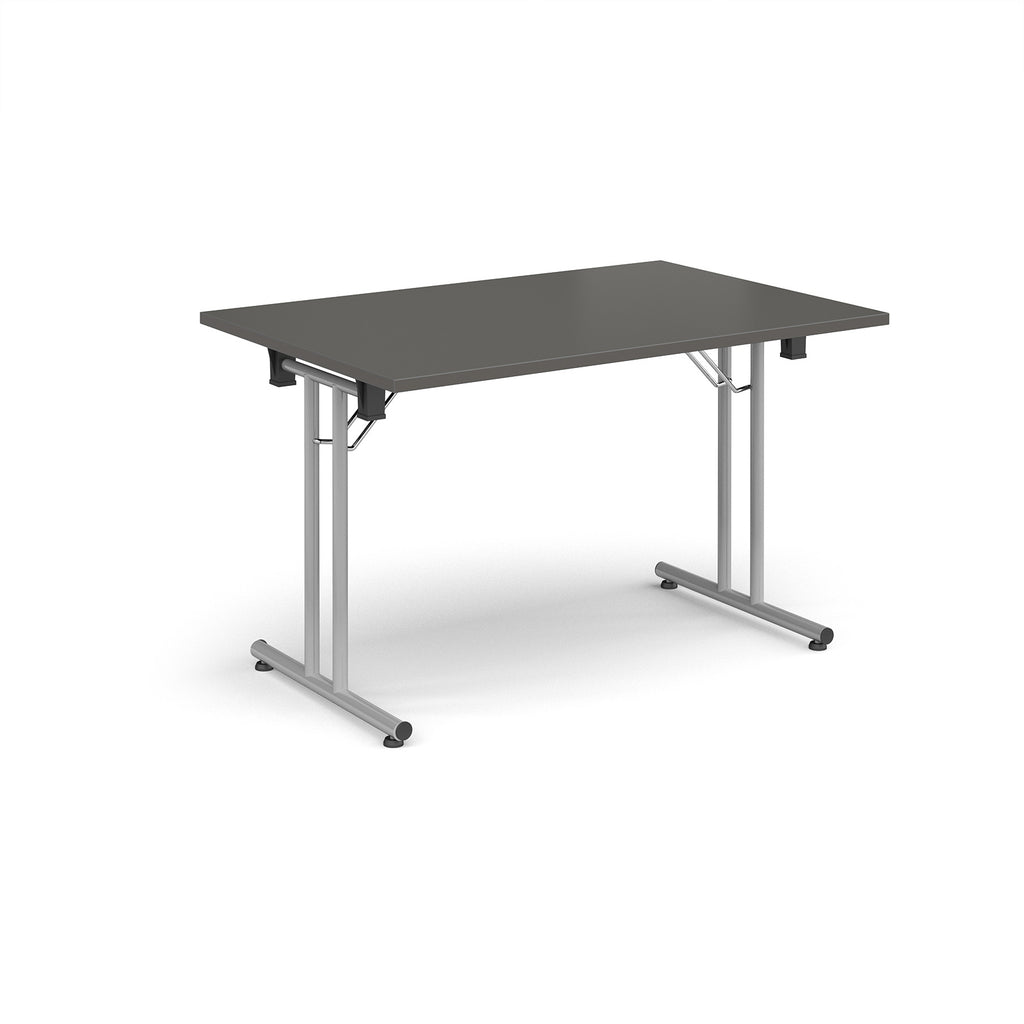 Folding table with grey top and metal legs on a white background