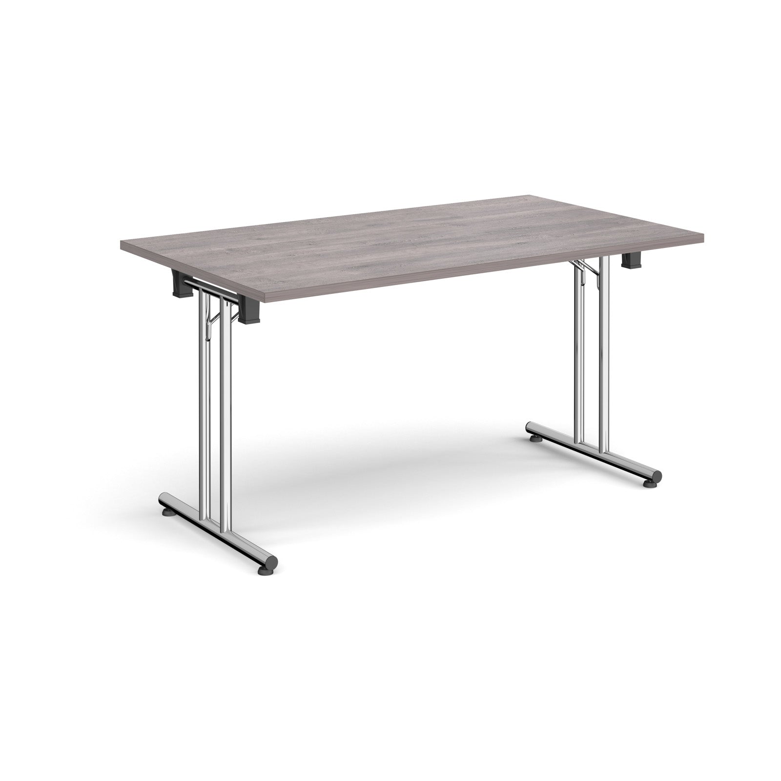 Folding table with grey wood-effect top and metal legs on a white background