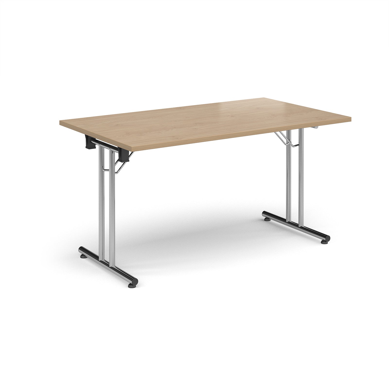 Folding table with wood-effect top and metal legs on a white background