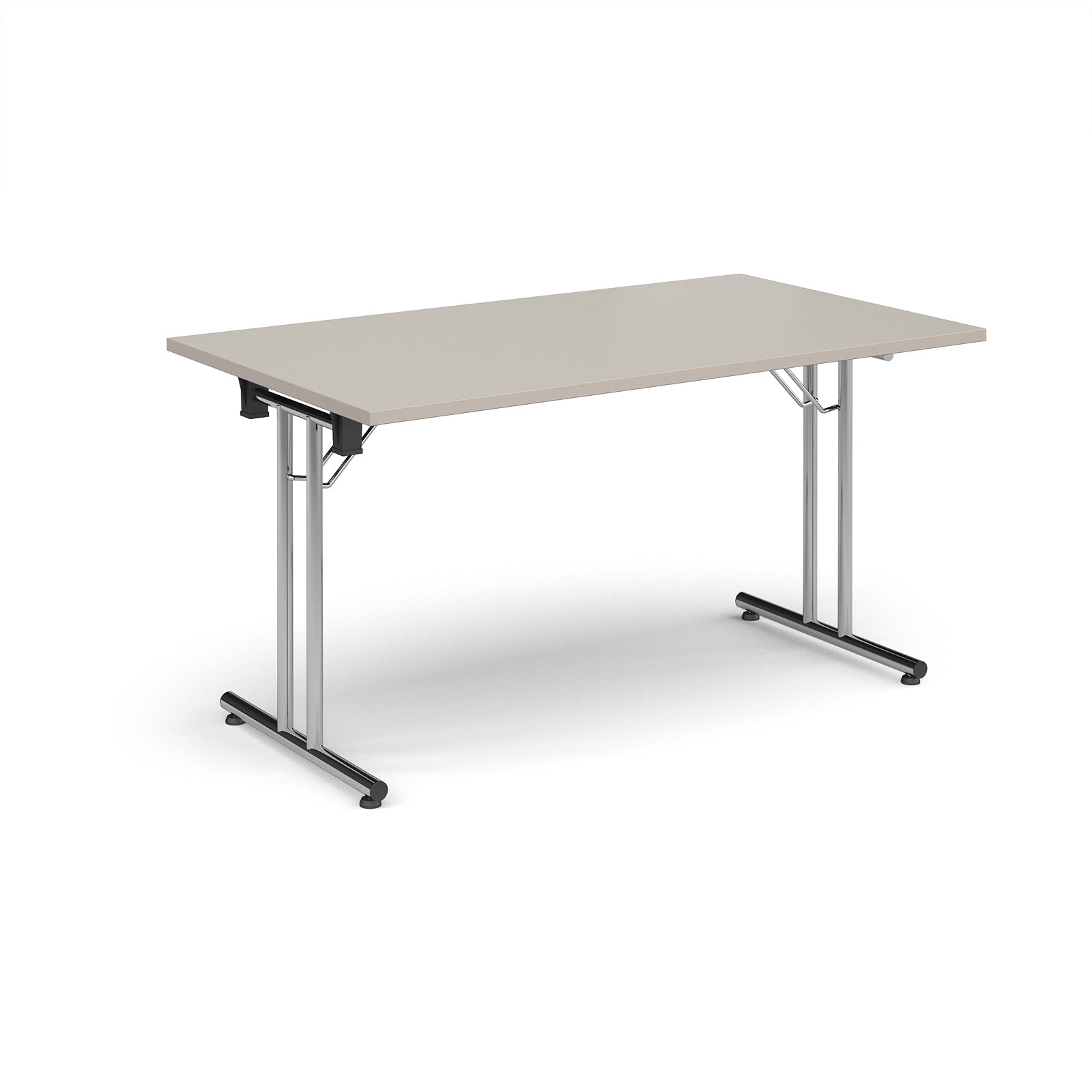 Folding table with light grey top and metal legs on a white background