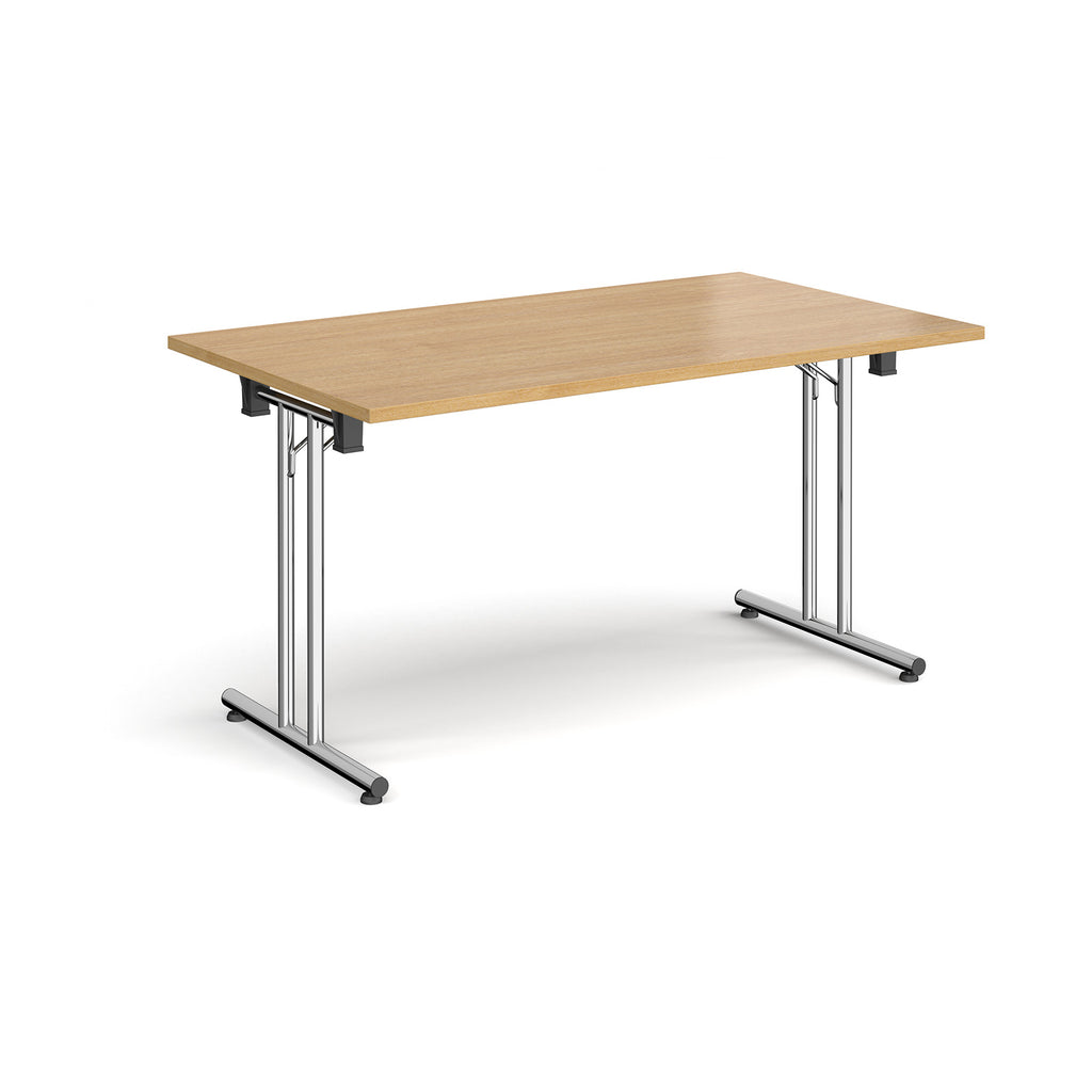 Folding table with wood-effect top and metal legs on a white background
