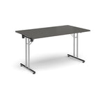 Folding table with grey top and metal legs on a white background