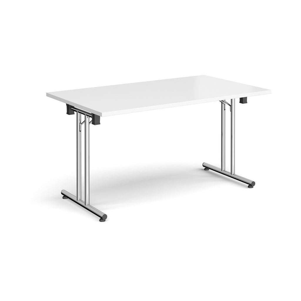 Folding table with white top and metal legs on a white background