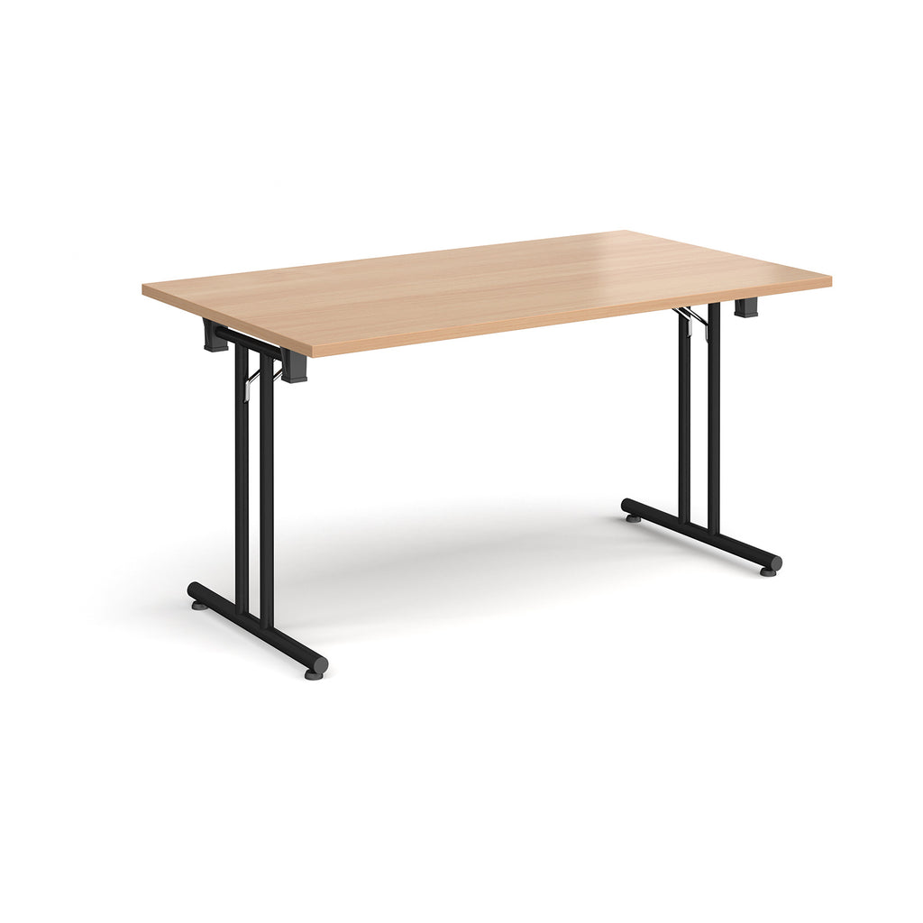 Folding table with wood-effect top and  black metal legs on a white background