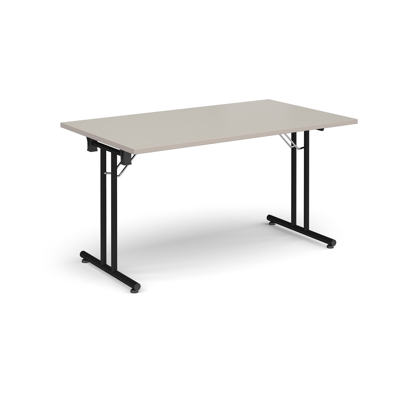Folding table with light grey top and black metal legs on a white background