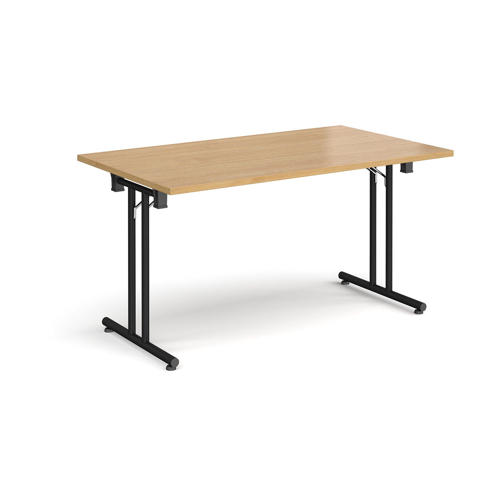 Folding table with wood-effect top and  black metal legs on a white background