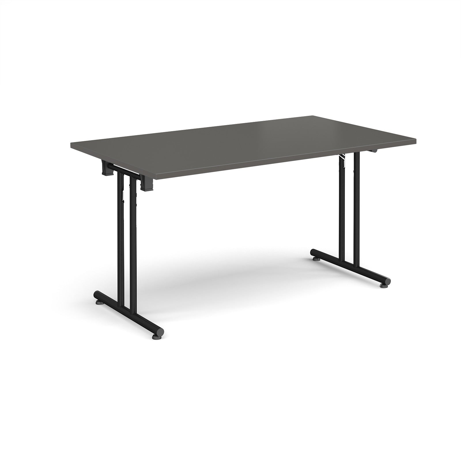 Folding table with grey top and black metal legs on a white background