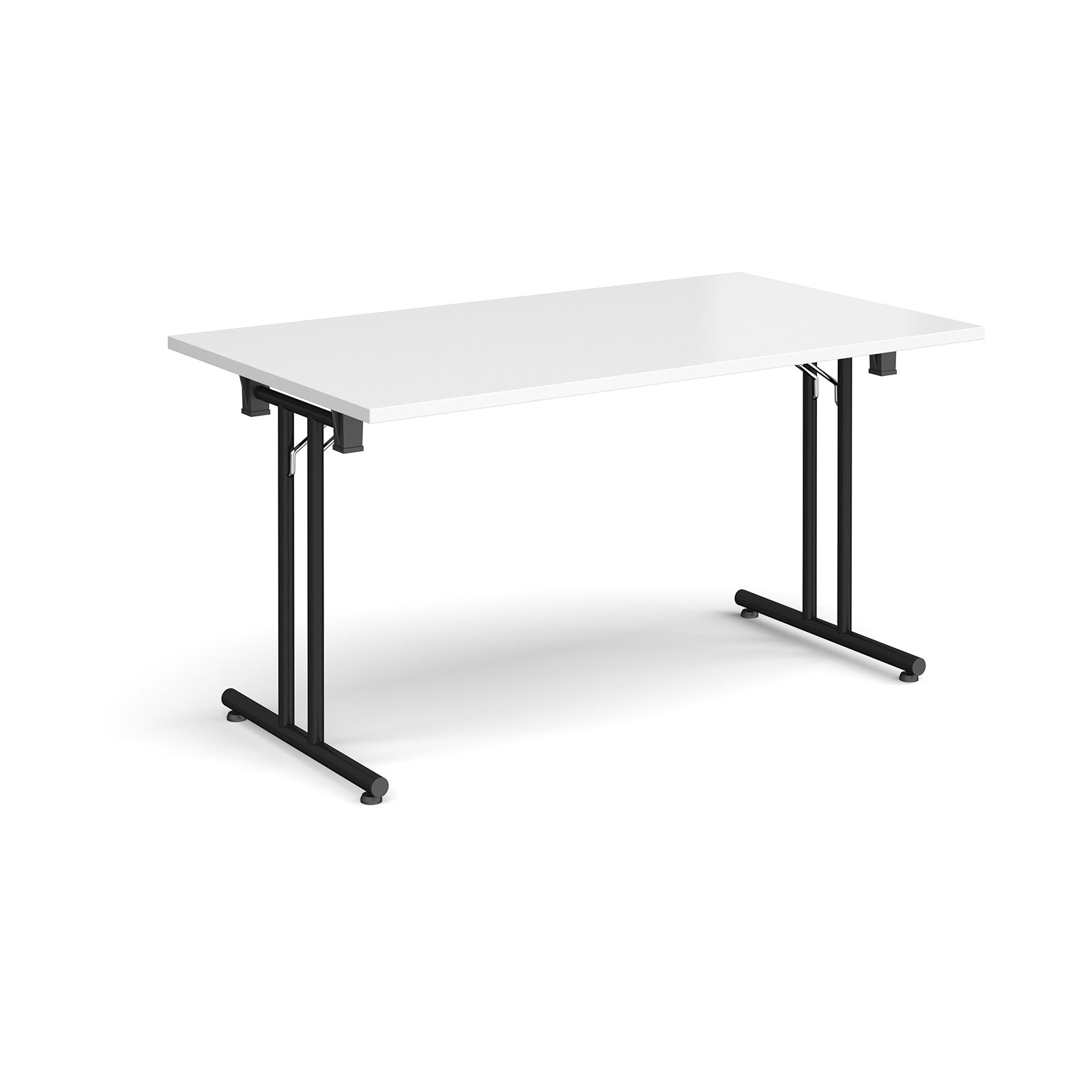 Folding table with white top and black metal legs on a white background