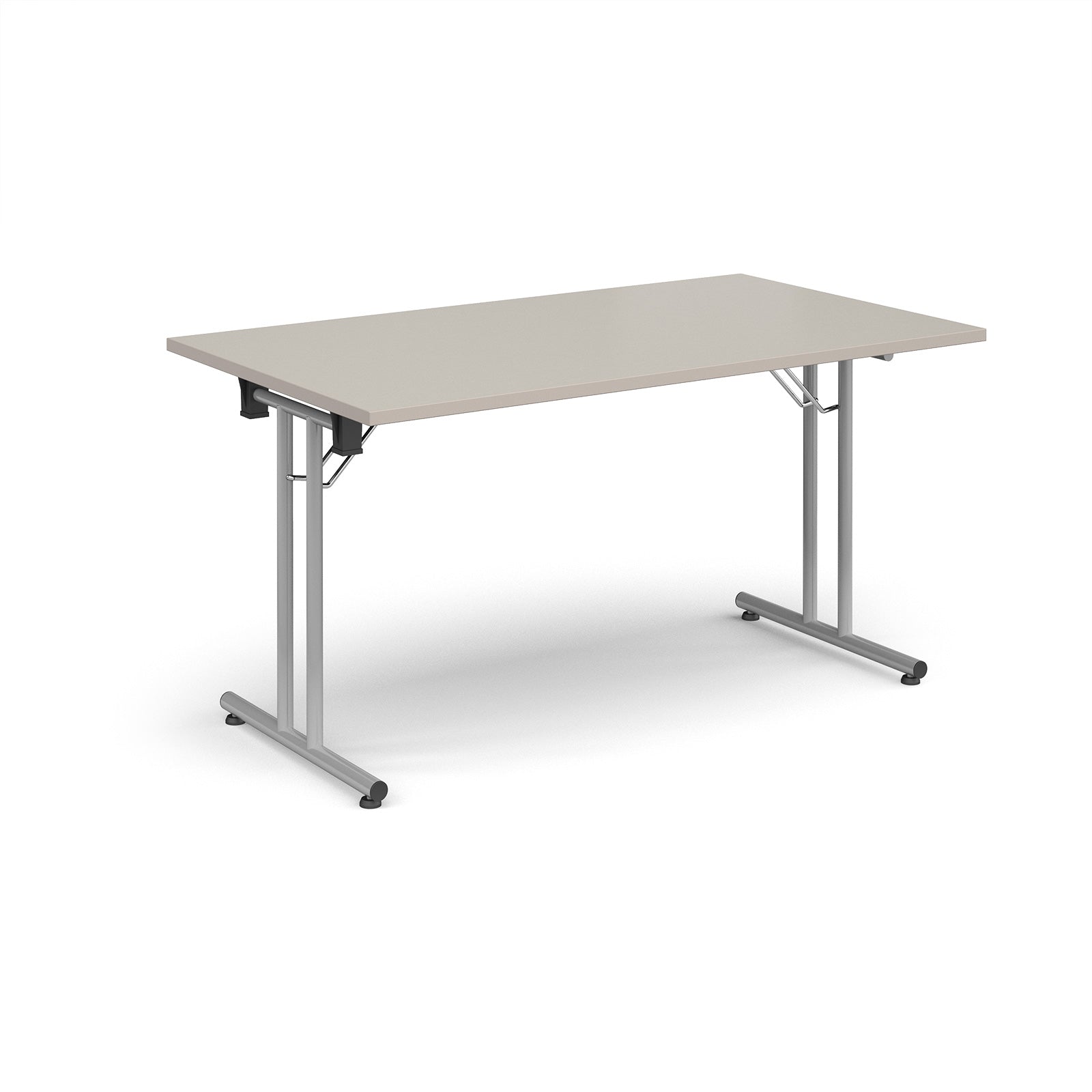 Folding table with light grey top and metal legs on a white background