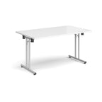 Folding table with white top and metal legs on a white background