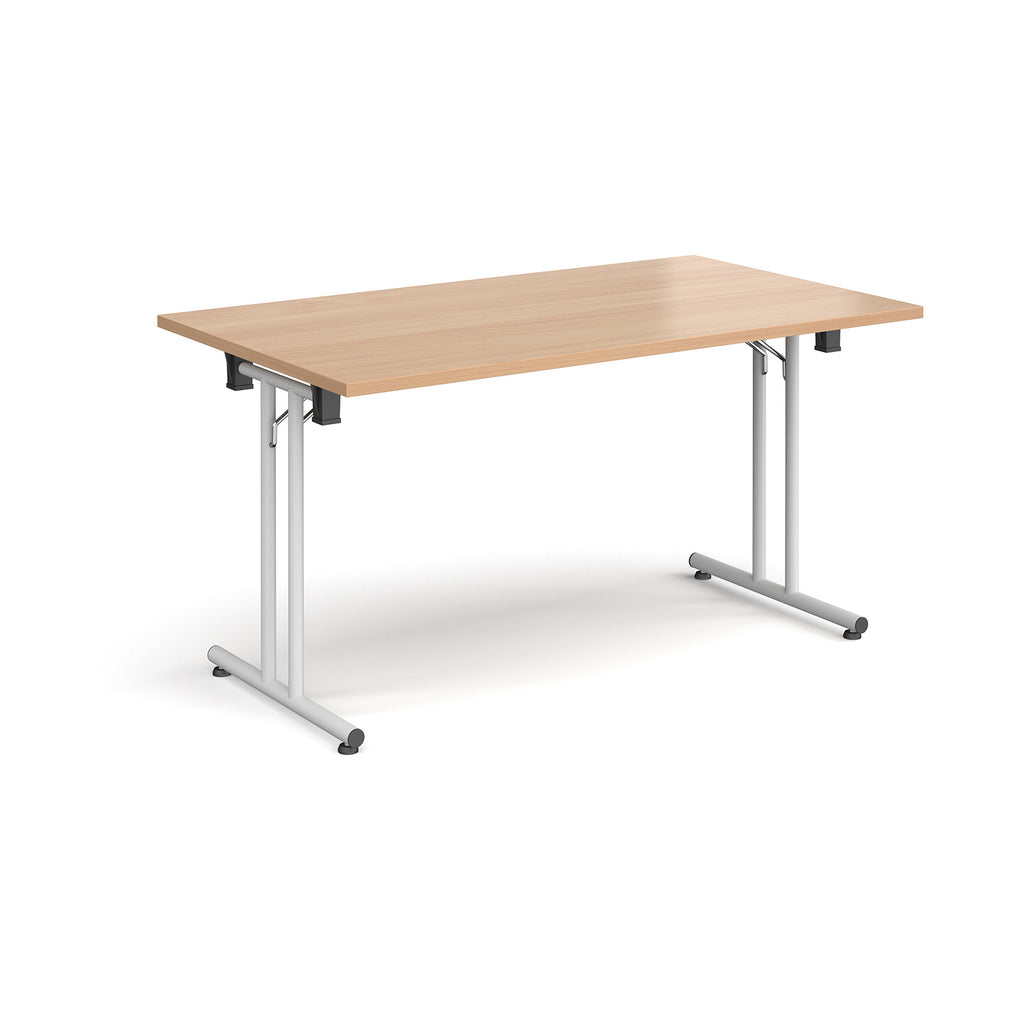 Folding table with wood-effect top and white metal legs on a white background