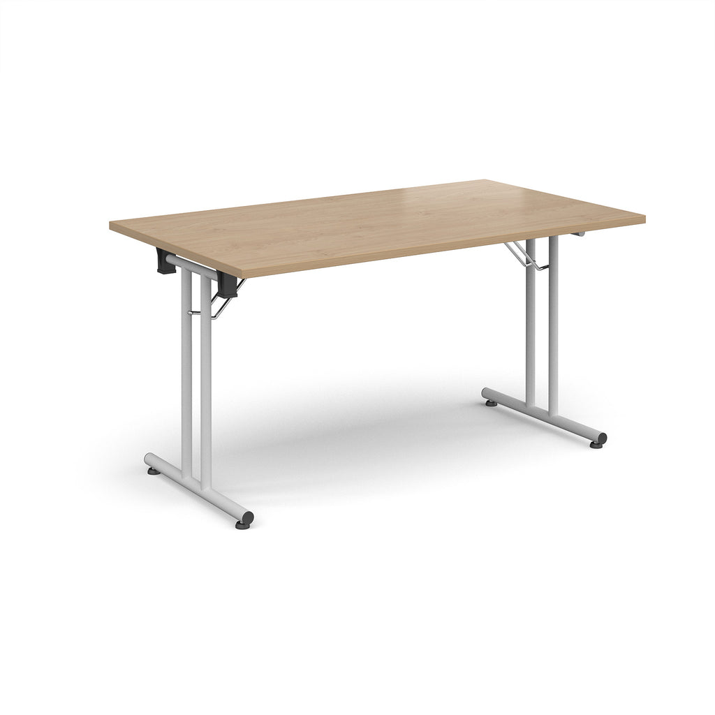 Folding table with wood-effect top and white metal legs on a white background