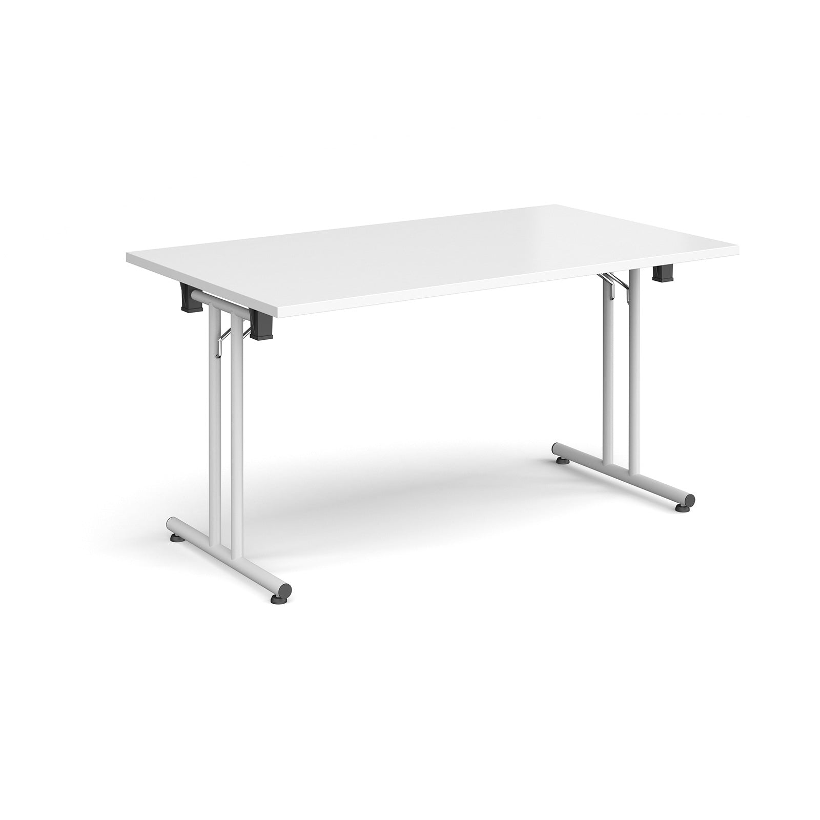Folding table with white top and metal legs on a white background