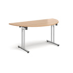 Semi-circular wooden flip-top table with chrome metal legs, shown against a white background. Ideal for flexible meeting or training room layouts.