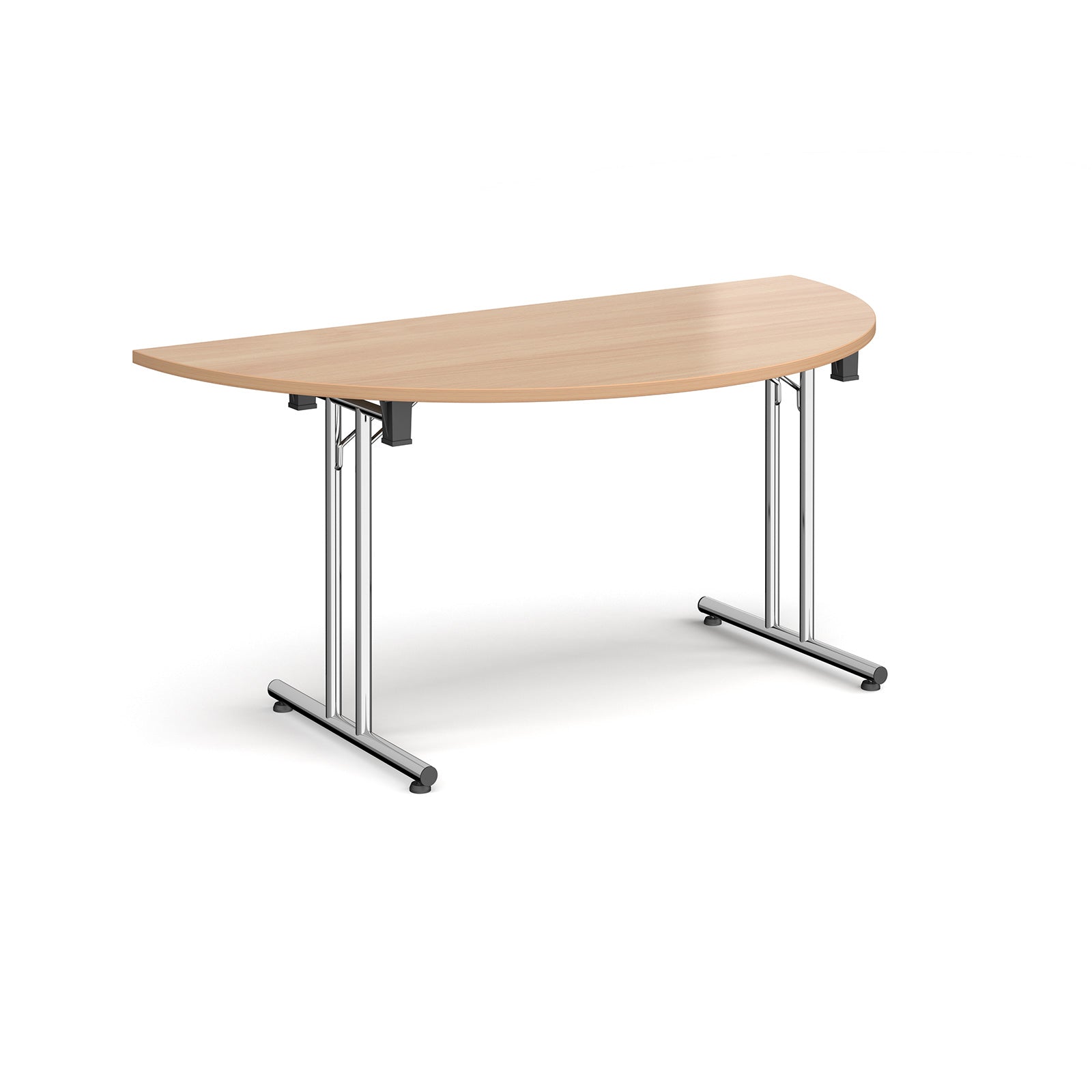 Semi-circular wooden flip-top table with chrome metal legs, shown against a white background. Ideal for flexible meeting or training room layouts.