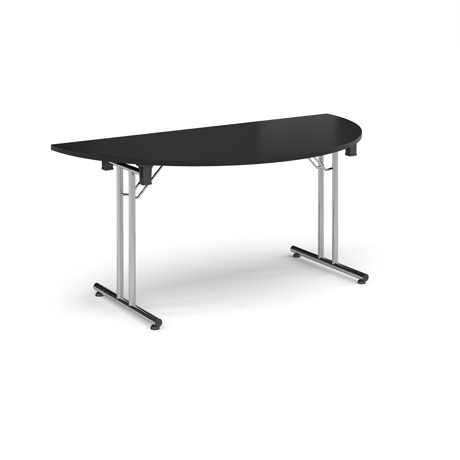 Semi-circular black flip-top table with chrome metal legs, shown against a white background. Ideal for flexible meeting or training room layouts.