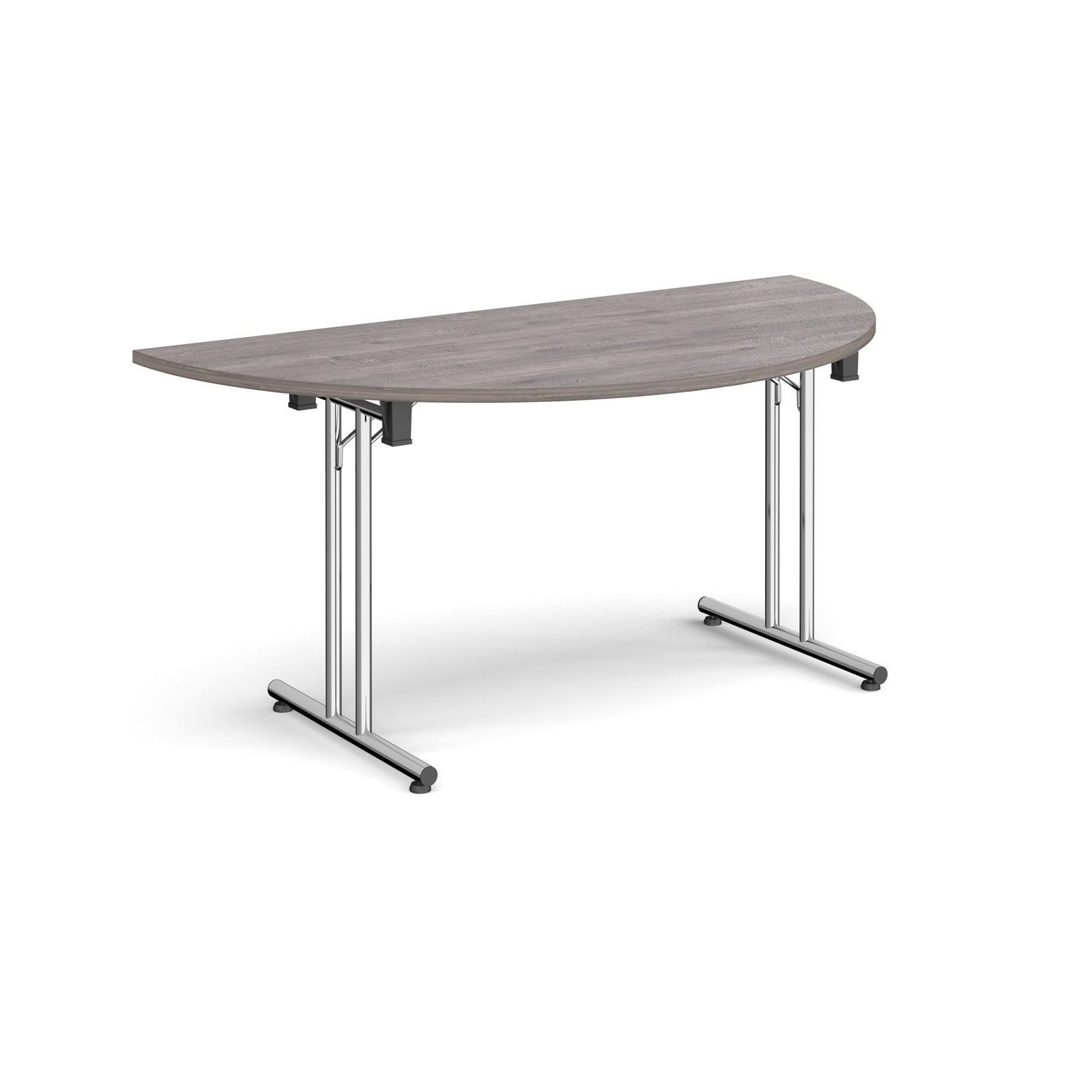 Semi-circular wooden flip-top table with chrome metal legs, shown against a white background. Ideal for flexible meeting or training room layouts.