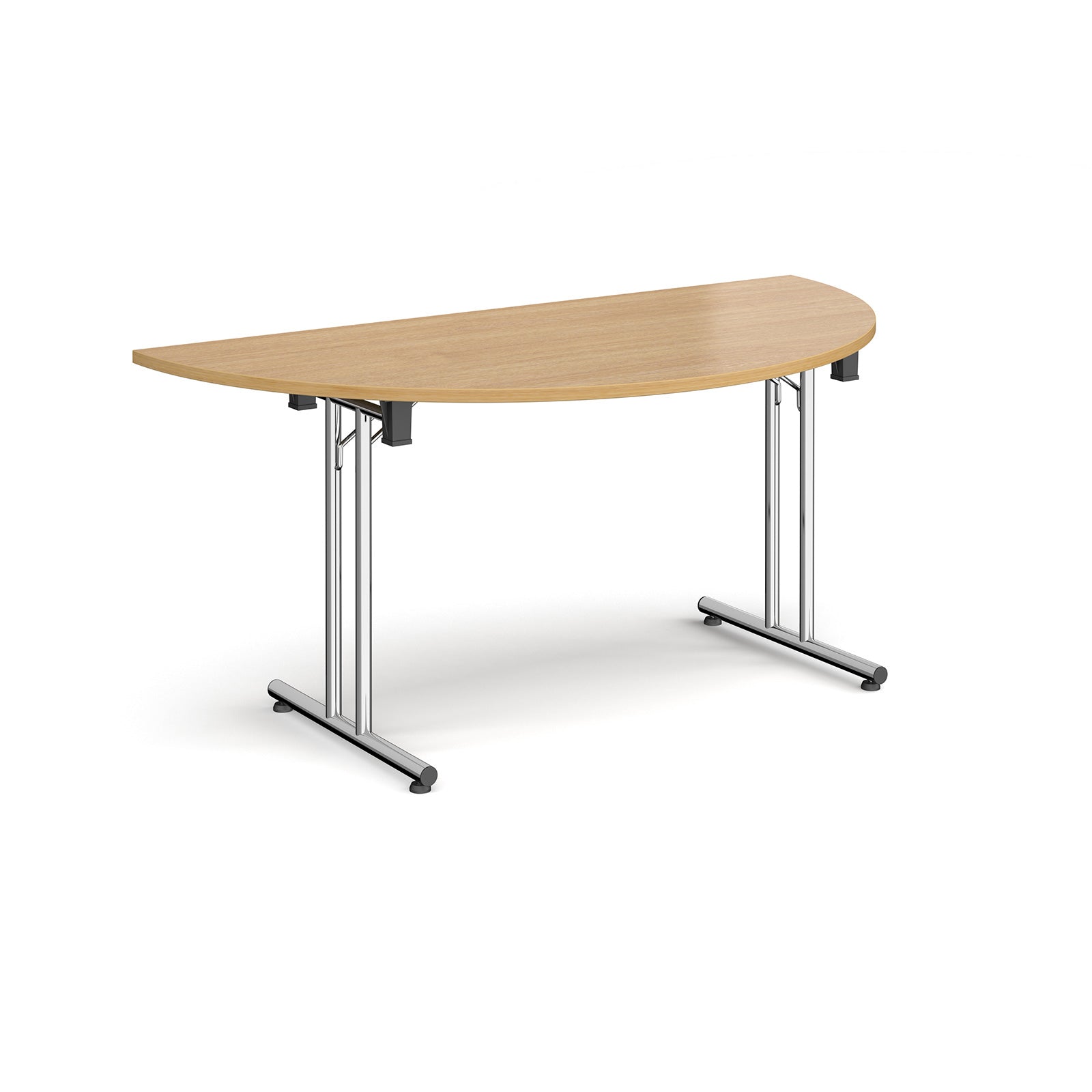 Semi-circular wooden flip-top table with chrome metal legs, shown against a white background. Ideal for flexible meeting or training room layouts.