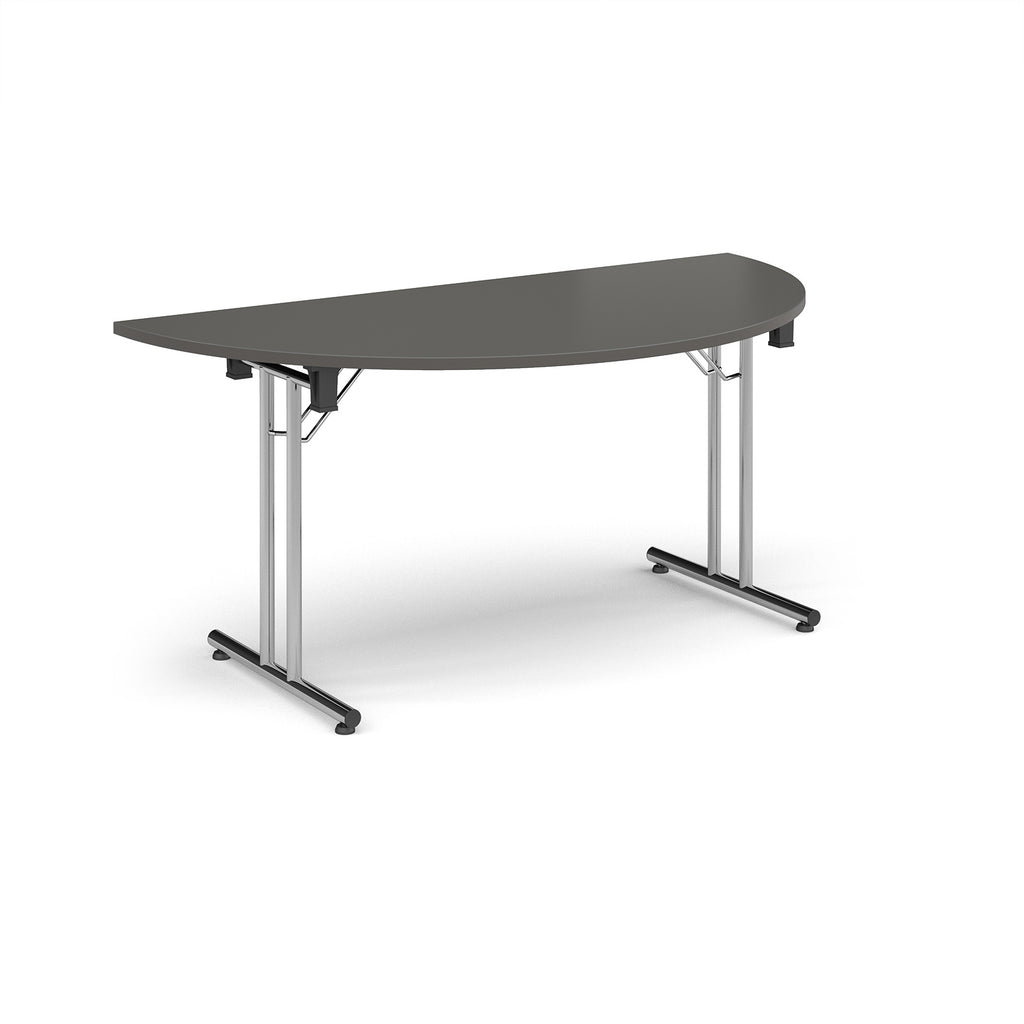 Semi-circular grey flip-top table with chrome metal legs, shown against a white background. Ideal for flexible meeting or training room layouts.