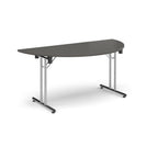 Semi-circular grey flip-top table with chrome metal legs, shown against a white background. Ideal for flexible meeting or training room layouts.