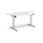 Semi-circular white flip-top table with chrome metal legs, shown against a white background. Ideal for flexible meeting or training room layouts.