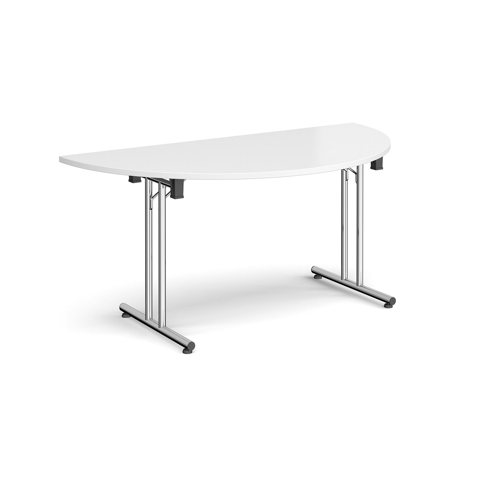Semi-circular white flip-top table with chrome metal legs, shown against a white background. Ideal for flexible meeting or training room layouts.