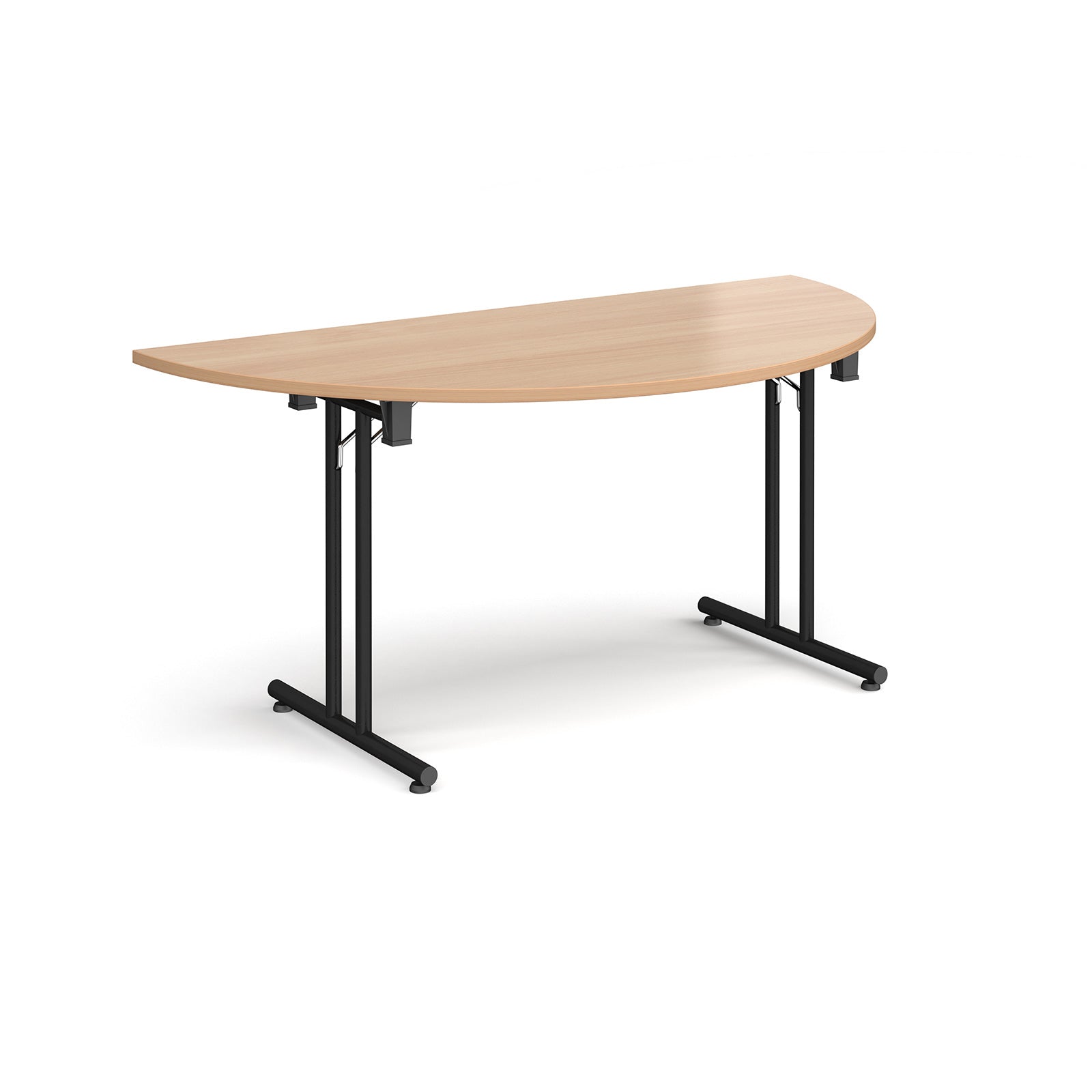 Semi-circular wooden flip-top table with black metal legs, shown against a white background. Ideal for flexible meeting or training room layouts.