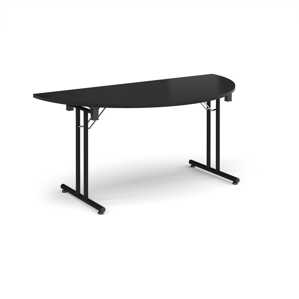 Semi-circular black flip-top table with black metal legs, shown against a white background. Ideal for flexible meeting or training room layouts.