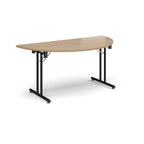 Semi-circular wooden flip-top table with black metal legs, shown against a white background. Ideal for flexible meeting or training room layouts.