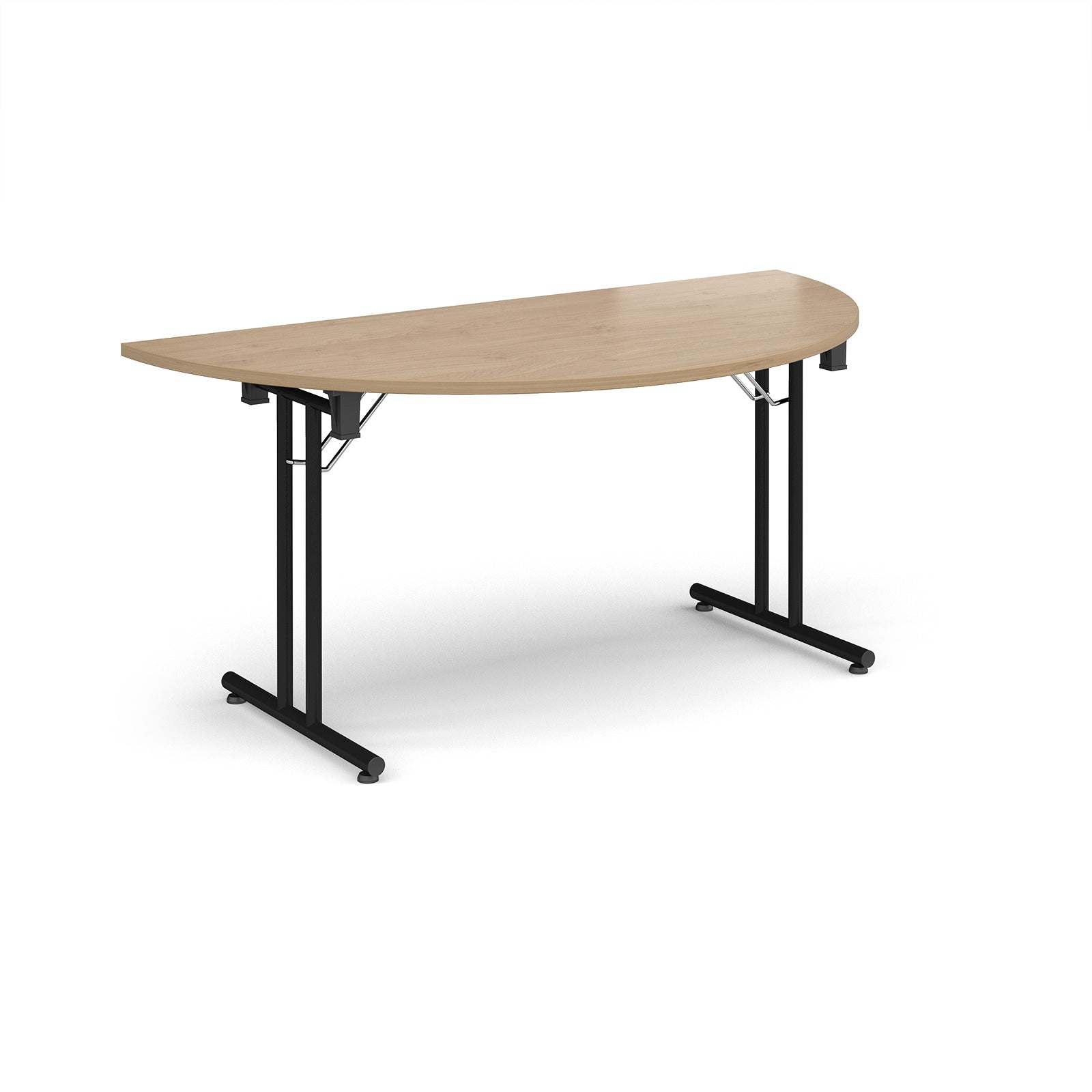 Semi-circular wooden flip-top table with black metal legs, shown against a white background. Ideal for flexible meeting or training room layouts.