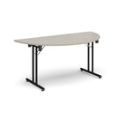 Semi-circular light grey flip-top table with black metal legs, shown against a white background. Ideal for flexible meeting or training room layouts.